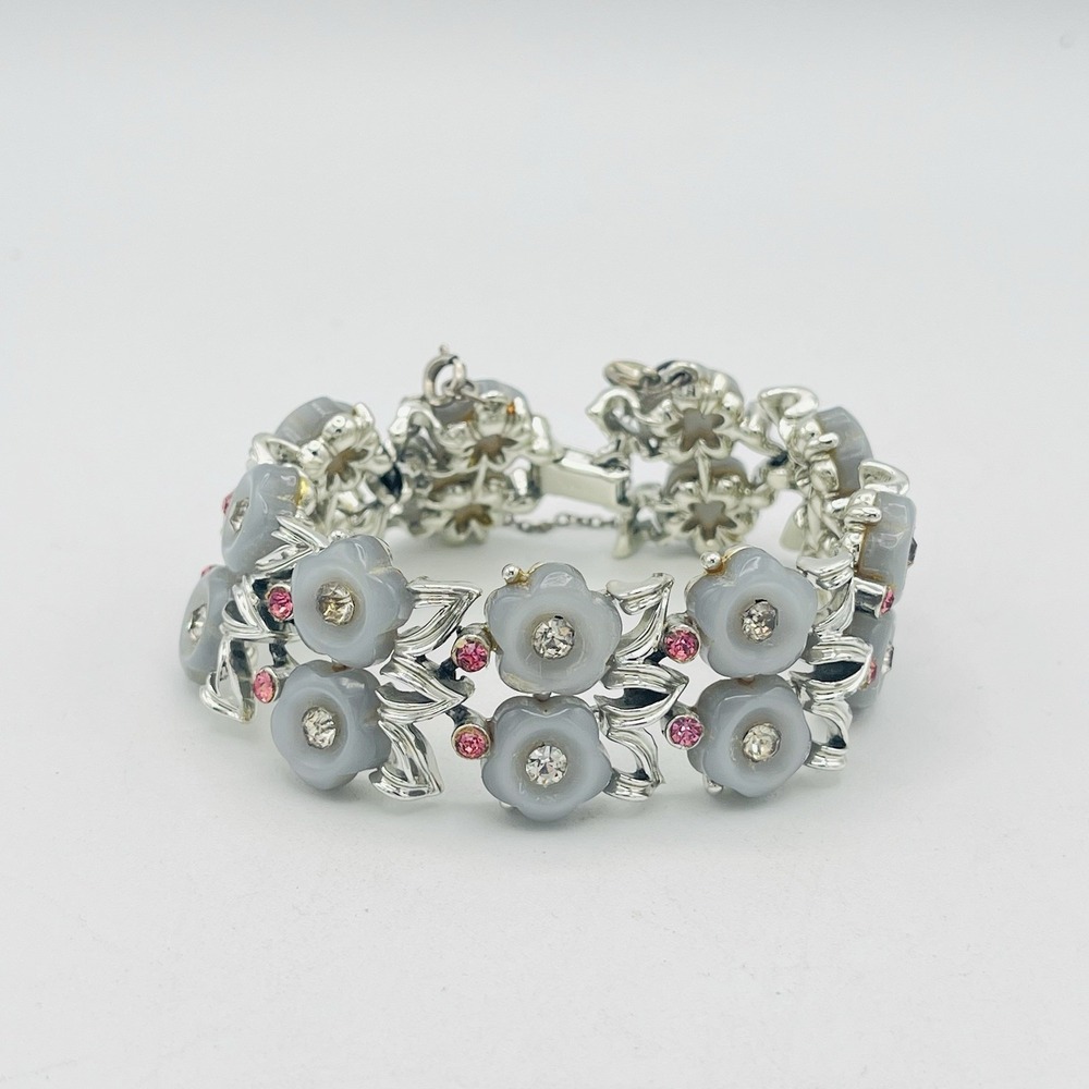 Vintage Star Bracelet Gray Blue Thermoset Pink Rhinestone Silver Moonglow Floral